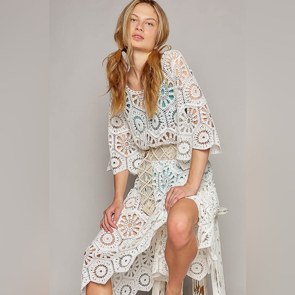 239. POL LAST 1! Cover Up Dress Women's Oversized White Crochet Crewneck - Picture 3 of 4